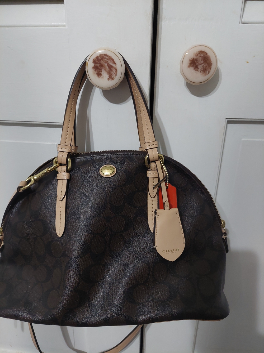 COACH Brown Signature Dome Satchel with Beige Trim and Orange Accent